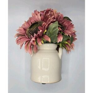 Ivory Crackle Glazed Ceramic Two-Handle Jug Vase w/ Pink Sunflowers Farmhouse